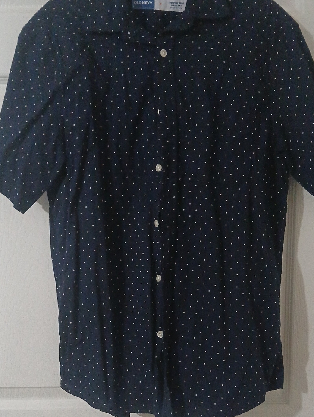 Old Navy Navy Short-Sleeve Button-Up Shirt with White Dot Print